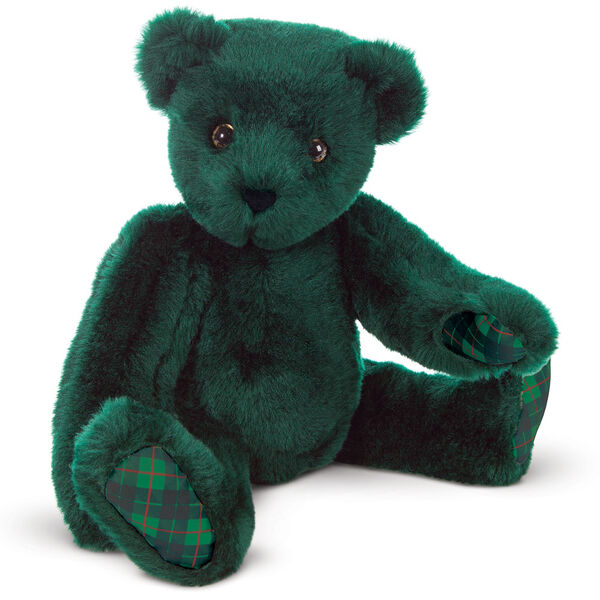 20" Special Edition Classic Christmas Plaid Bear- Seated 3/4 view of jointed dark green bear with plaid paw pads and hazel eyes image number 1