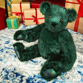20" Special Edition Classic Christmas Plaid Bear- Seated 3/4 view of jointed dark green bear with plaid paw pads and hazel eyes image number 0