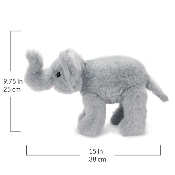 15" Classic Elephant - Side view of standing gray plush elephant with text that reads, "9.75 in or 25 cm tall and 15 in or 38 cm long".  image number 4