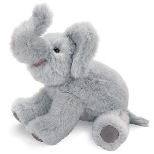 15" Classic Elephant - Seated side view of gray plush elephant with upturned trunk and pink mouth.  image number 7