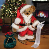 15" Limited Edition Night Before Christmas Santa Bear - Front view of standing jointed honey bear in a satin Santa suit with gold trim and glasses holding a list and green velvet bag image number 0