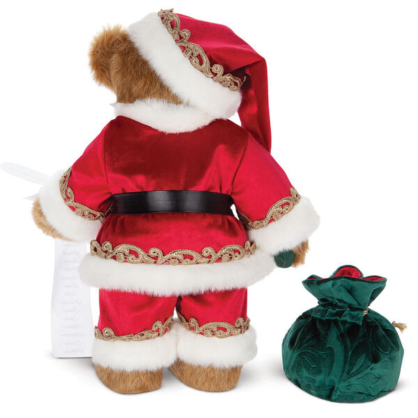 15" Limited Edition Night Before Christmas Santa Bear - Back view of standing jointed honey bear in a satin Santa suit with gold trim and glasses holding a list and green velvet bag
