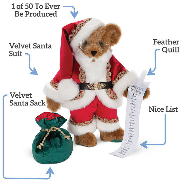 15" Limited Edition Night Before Christmas Santa Bear - Front view of standing jointed honey bear with text that says, "1 of 50 To Ever Be Produced, Feather Quill, Nice List, Velvet Santa Sack, Velvet Santa Suit."  image number 1