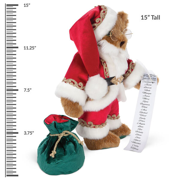 15" Limited Edition Night Before Christmas Santa Bear - Side view of standing jointed honey bear in a satin Santa suit with gold trim and glasses holding a list and green velvet bag with measurement of 15" Tall.