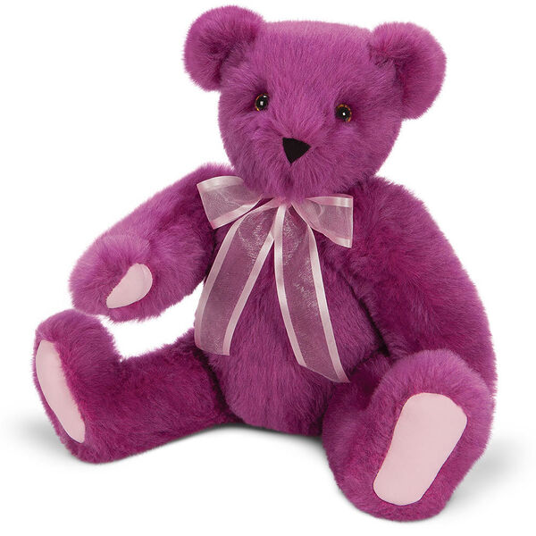 20" Special Edition La Vie En Rose Bear - Front view of jointed seated rose wine bear with pink organza bow around neck image number 1