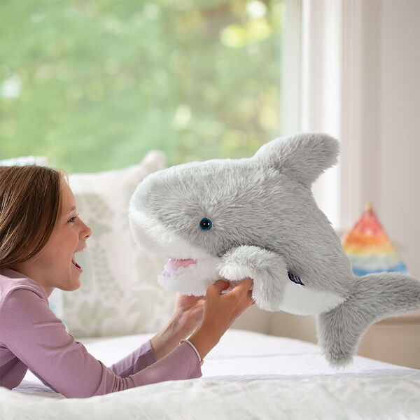 18" Oh So Soft Shark - Smiling grey and white Shark with girl in bedroom scene image number 2