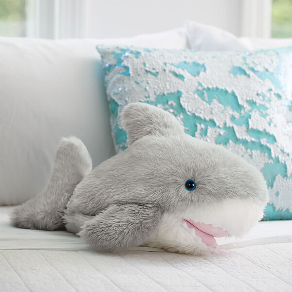 18" Oh So Soft Shark - Smiling grey and white Shark with soft teeth and pink tongue in bedroom scene image number 5