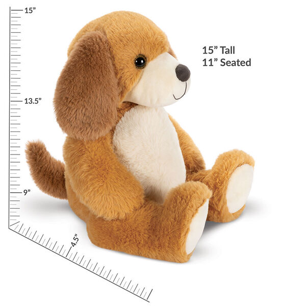 15" Cuddle Chunk Puppy - Side view of soft floppy brown dog with measurements of 15" tall or 11" seated image number 5