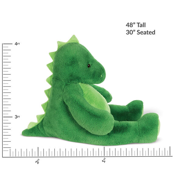 4' Cuddle Dinosaur - Side view of seated green dinosaur with measurements of 48" tall or 30" seated image number 2