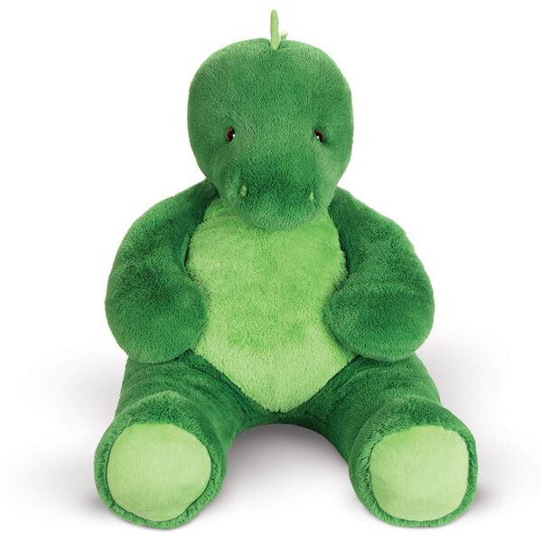 4' Cuddle Dinosaur - Front view of seated green dinosaur with light green belly and feet, has soft spikes and a tail image number 1