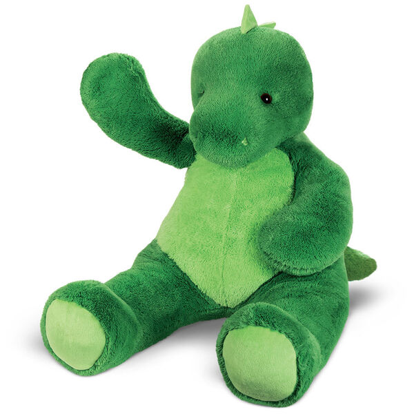 4' Cuddle Dinosaur - Front view of seated waving green dinosaur with light green belly and feet, has soft spikes and a tail image number 4