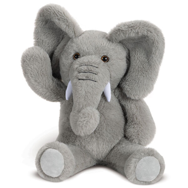13" Elephant Snuggle Pal - Front view of waving seated grey elephant weighted stuffed animal with tusks and tail image number 6
