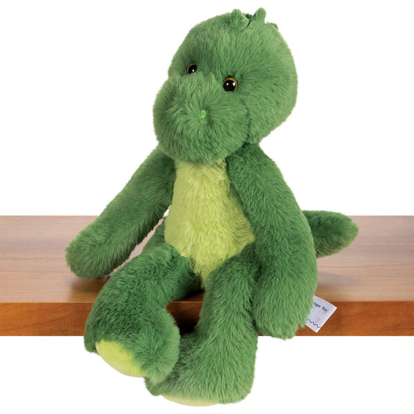 15" Buddy Dinosaur- Seated front view of bright and lime green dinosaur with fabric spikes image number 0