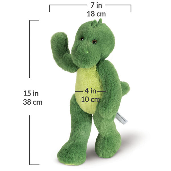 15" Buddy Dinosaur- Standing front view of dinosaur with measurements of 15 in or 28 cm tall, 7 in or 18 cm side and and 4 in or 10 cm across the belly image number 6