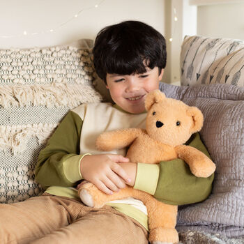 13" Bear Snuggle Pal - Seated light brown bear weighted stuffed animal with model