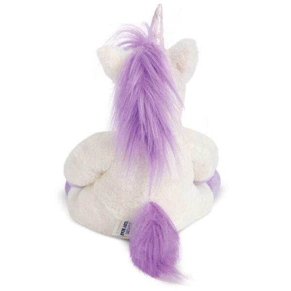 13" Unicorn Snuggle Pal - Back view of seated ivory unicorn weighted stuffed animal with purple hooves, mane and tail image number 8