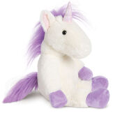 13" Unicorn Snuggle Pal - Three quarter view of seated ivory unicorn weighted stuffed animal with purple hooves, mane and tail image number 3
