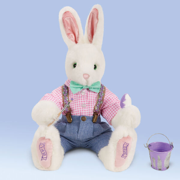 16" Limited Edition Easter Bunny 2022 - Front view of vanilla seated rabbit in pants and shirt with paintbrush and paint  image number 7