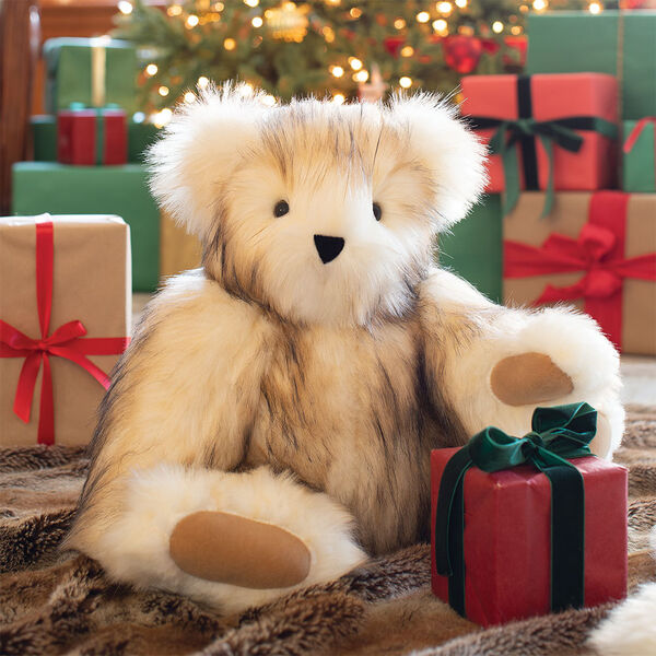 20" Special Edition Toasted Marshmallow Bear - Seated jointed white with brown tipped fur bear and tan foot pads with other Christmas gifts image number 1