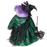 15" Limited Edition Toil and Trouble Witch - Back view of standing jointed purple bear with green dress with black spider web lace, broom, witch's hat and cast iron cauldron image number 8