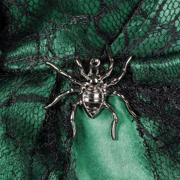 15" Limited Edition Toil and Trouble Witch - Close up of silver spider charm on green dress with black spider web lace image number 3