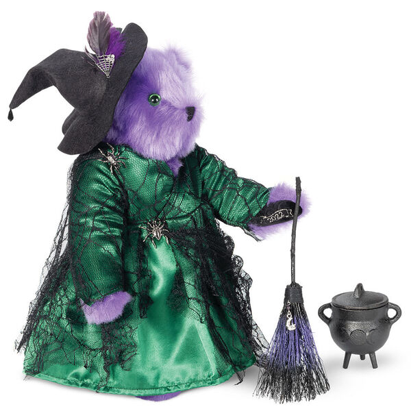 15" Limited Edition Toil and Trouble Witch - Side view of standing jointed purple bear with green dress with black spider web lace, broom, witch's hat and cast iron cauldron image number 2