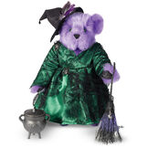 15" Limited Edition Toil and Trouble Witch - Front view of standing jointed purple bear with green dress with black spider web lace, broom, witch's hat and cast iron cauldron image number 0
