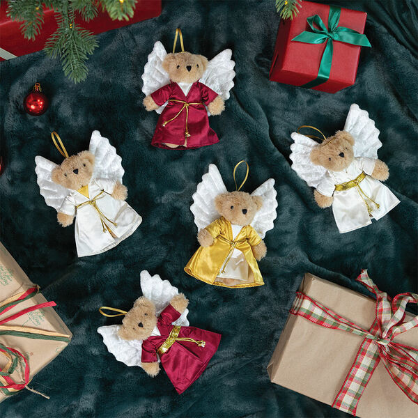 4" Angel Ornaments - Set of 5 - plush teddy bear tree topper ornaments in velvet wings and satin gowns image number 0