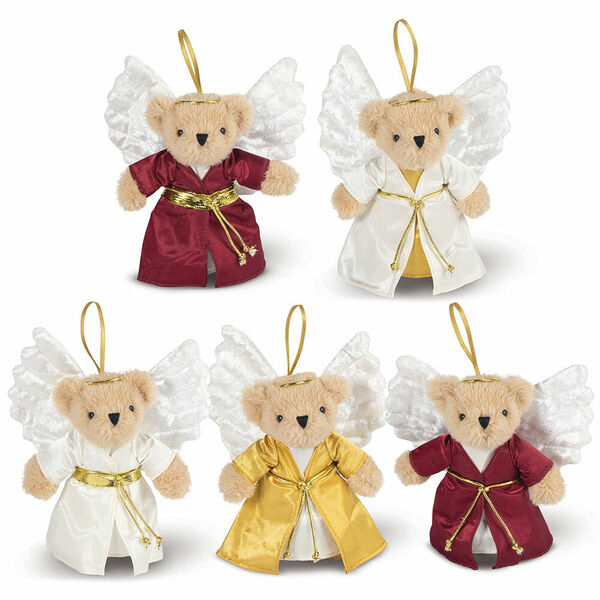 4" Angel Ornaments - Set of 5 - plush teddy bear christmas ornaments dressed in angelic gowns with wings image number 1
