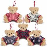 4" Christmas PJ Ornaments - Set of 5 - plush teddy bear christmas ornaments dressed in traditional plaid and fleece pajama onesies image number 1