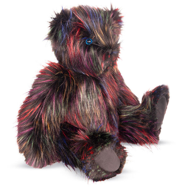 20" Special Edition Fireworks Bear - Front seated 3/4 view of 20" jointed black licorice bear with filaments of colored fur throughout. Bear has blue eyes and grey paw pads.
