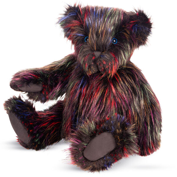 20" Special Edition Fireworks Bear - Front seated 3/4 view of 20" jointed black licorice bear with filaments of colored fur throughout. Bear has blue eyes and grey paw pads.