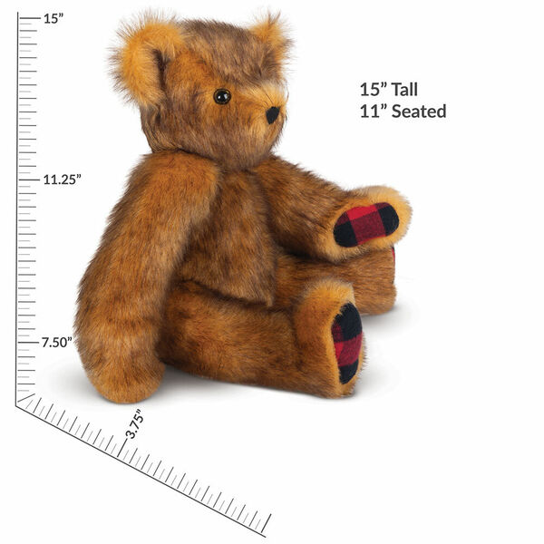15" Special Edition Vermont Flannel Bear - Side view of seated caramel fudge stuffed teddy bear with measurement of 15" tall or 11" seated