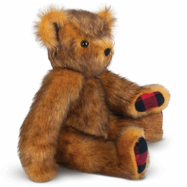 15" Special Edition Vermont Flannel Bear - Side view of seated caramel fudge stuffed teddy bear with Vermont Flannel buffalo plaid pawpads