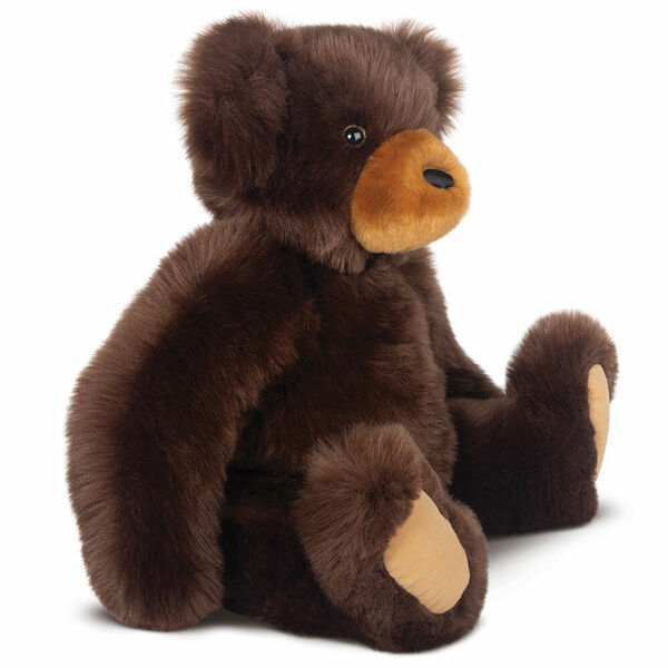 20" Special Edition Woodland Bear - Side view of seated jointed dark chocolate brown bear with gold muzzle and foot pads and embroidered nose image number 3