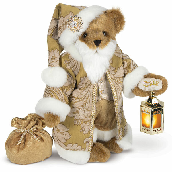 15" Limited Edition Gilded Santa Bear - Standing jointed honey bear with gold fur lined coat, vest, pants and hat holding a lantern and toy sack image number 1