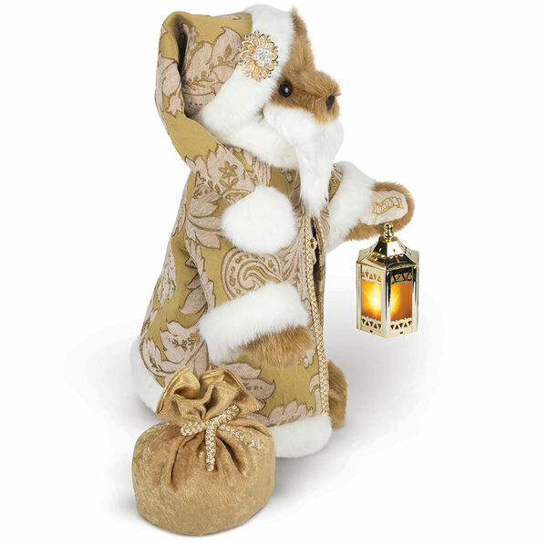 15" Limited Edition Gilded Santa Bear - Side view of standing jointed honey bear with gold fur lined coat, vest, pants and hat holding a lantern and toy sack image number 6