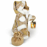 15" Limited Edition Gilded Santa Bear - Side view of standing jointed honey bear with gold fur lined coat, vest, pants and hat holding a lantern and toy sack image number 6