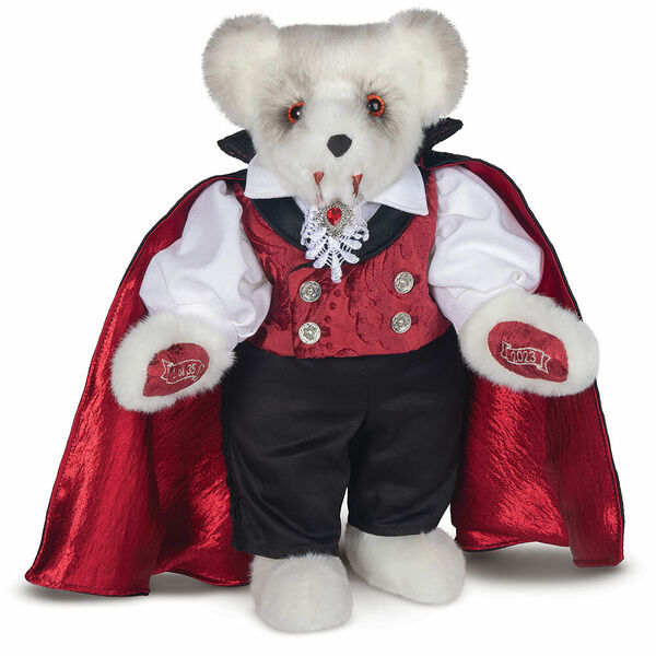 15" Limited Edition Count Dracula Vampire Bear - Standing jointed vanilla bear with fangs and orange eyes dressed in a highly detailed cape, vest, pants and shirt.  image number 0