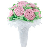 Large pink velvet bouquet with green felt leaves in white satin and lace wrapping on elastics image number 1