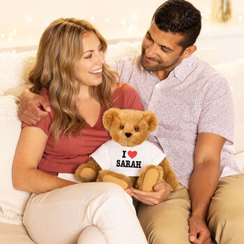15" "I HEART You" Personalized T-Shirt Bear - Bear in white t-shirt that says I "Heart" your name presented as a romantic gift
