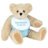 15" Baby Boy Bear - Seated jointed bear dressed in light blue with white dots fabric diaper and bib. Bib is personalized in light blue lettering - Buttercream image number 2