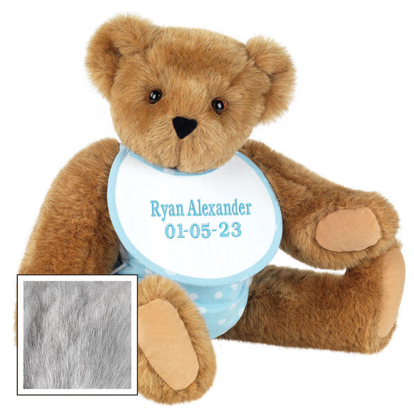 15" Baby Boy Bear - Seated jointed bear dressed in light blue with white dots fabric diaper and bib. Bib with is personalized in light blue lettering - Gray image number 5