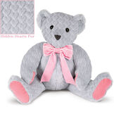 20" Hidden Hearts Bear - Front view of grey bear with heart print fur, pink bows and foot pads image number 0