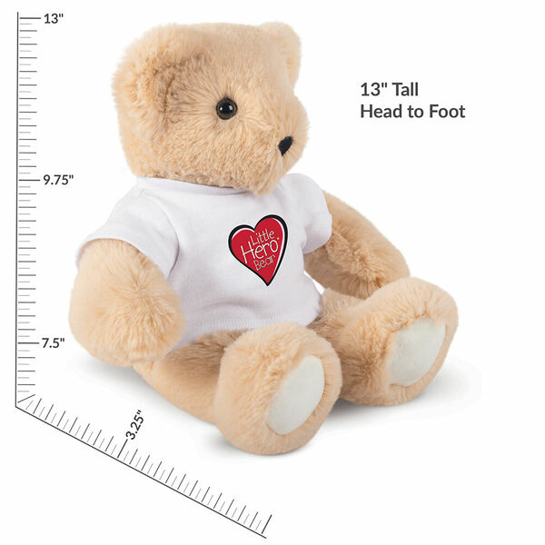 13" Little Hero Bear - Buy 1, Give 1 - Side view of bear with measurements of 13" tall and 8"seated image number 3
