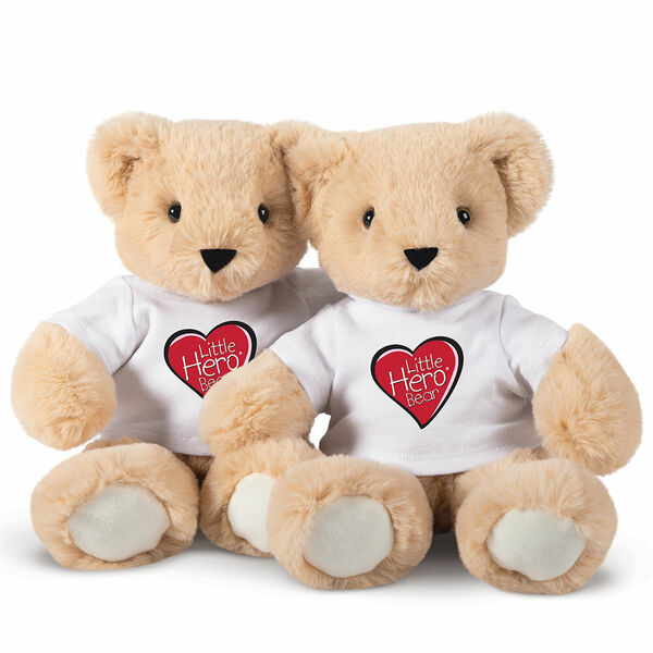 13" Little Hero Bear - Buy 1, Give 1 - Front view of 2 butterscotch light brown bears in white t-shirts with Little Hero Friend for Life Logos image number 1