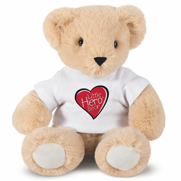 13" Little Hero Bear - Buy 1, Give 1 - Front view of butterscotch light brown bear in white t-shirt with Little Hero Friend for Life Logo image number 2
