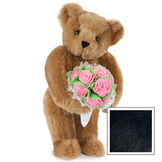15" Pink Rose Bouquet Teddy Bear - Front view of standing jointed bear holding a large pink bouquet wrapped in white satin and lace - Black image number 4