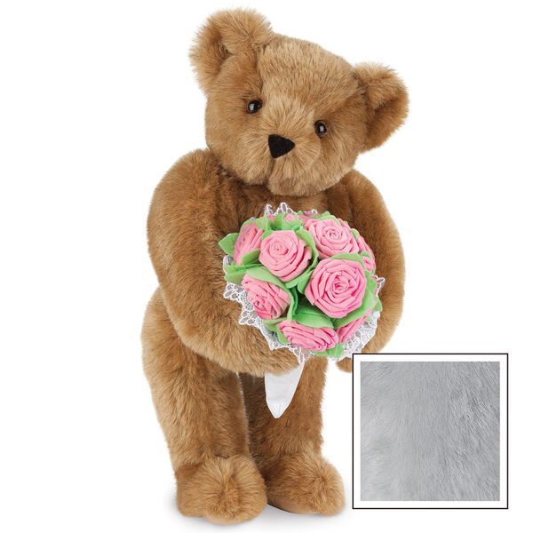 15" Pink Rose Bouquet Teddy Bear - Front view of standing jointed bear holding a large pink bouquet wrapped in white satin and lace - Gray image number 5