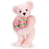 15" Pink Rose Bouquet Teddy Bear - Front view of standing jointed bear holding a large pink bouquet wrapped in white satin and lace - Pink fur image number 0